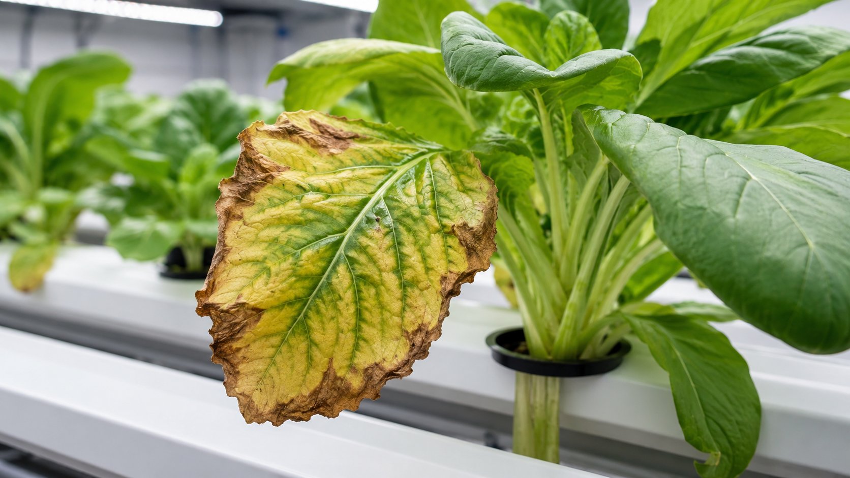 Hydroponic plant leaf showing potassium deficiency with scorched brown edges
