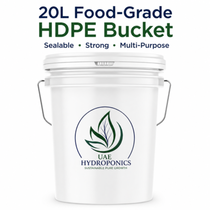 Front view of a white 20L plastic bucket with fitted lid, metal carrying handle and UAE Hydroponics logo.