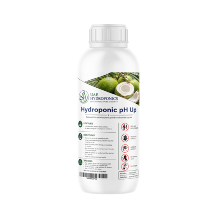 White UAE Hydroponics liquid pH Up bottle with screw cap, product label and handling symbols.